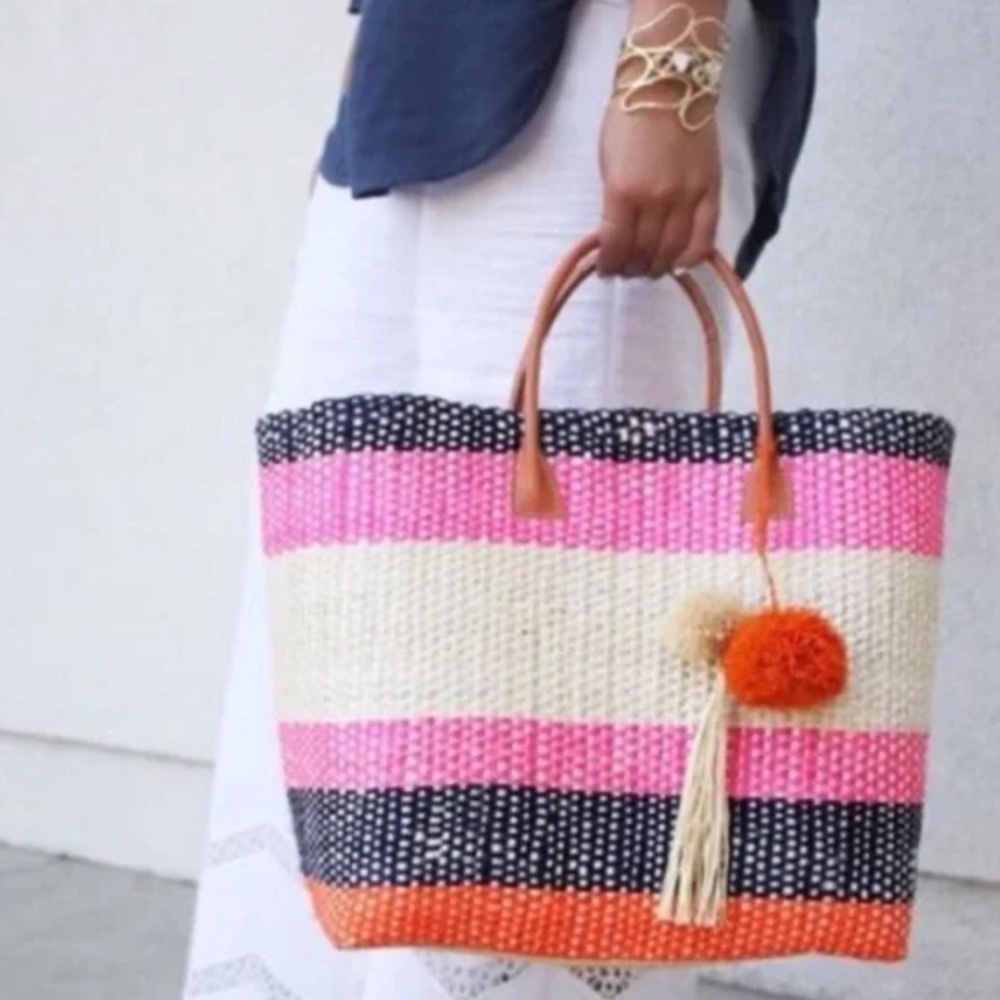 NWT! ANTHROPOLOGIE Pomaria Tassel Tote Straw Colorful Beach Pool Resort Vacation